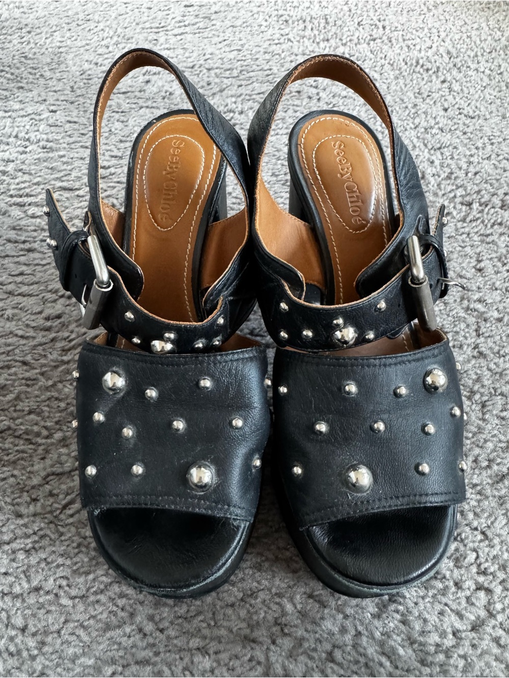 See By Chloe Black Leather Studded Slingback Mules